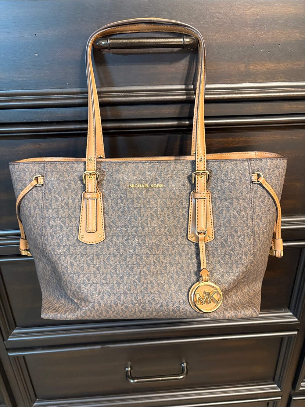 Michael Kors Brown Logo Tote with Tan Leather Trim